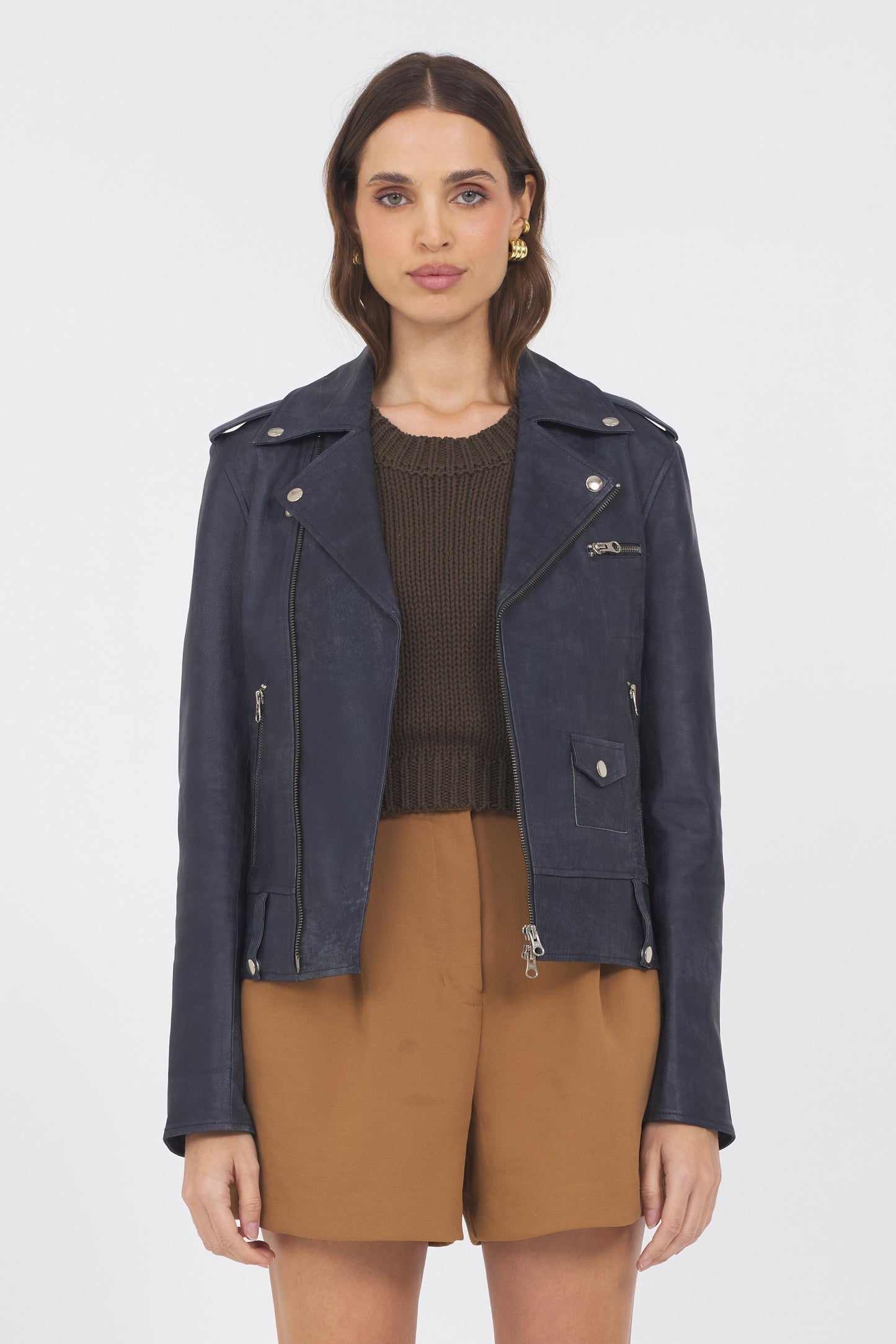 Tracy Distressed Leather Jacket Indigo