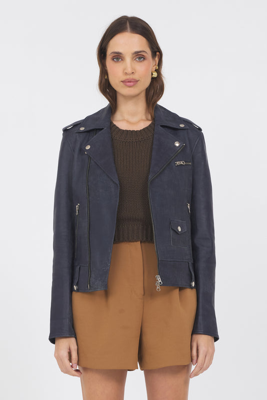 Tracy Distressed Leather Jacket Indigo