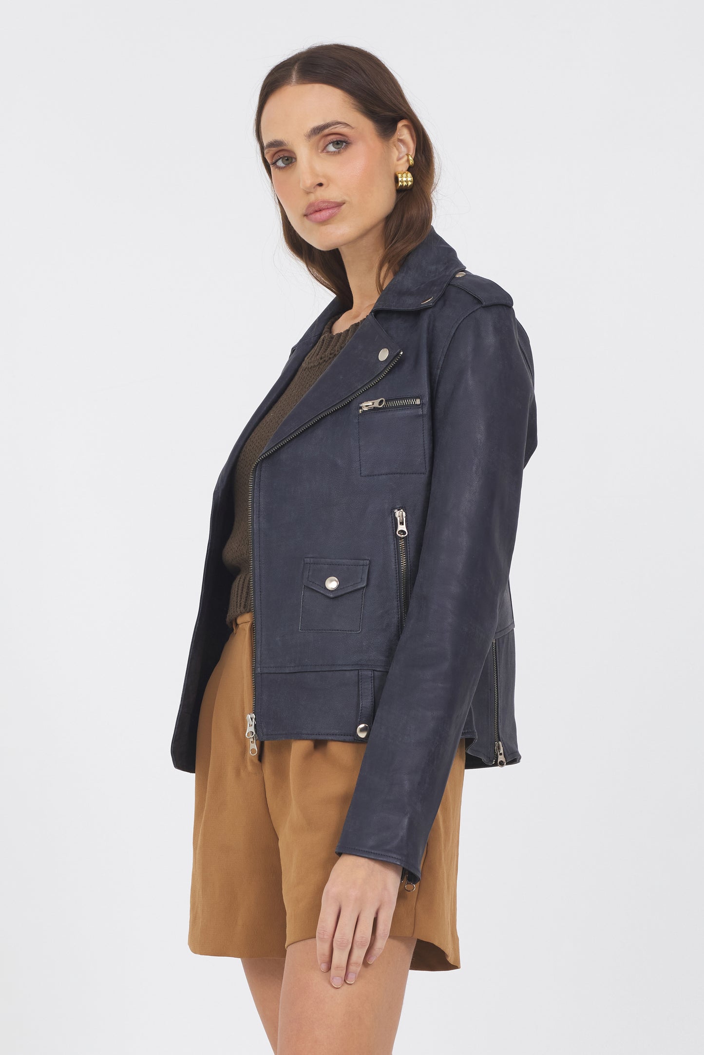 Tracy Distressed Leather Jacket Indigo