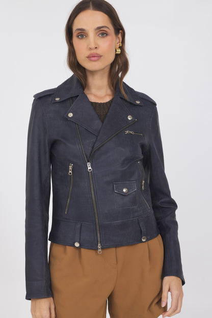 Tracy Distressed Leather Jacket Indigo
