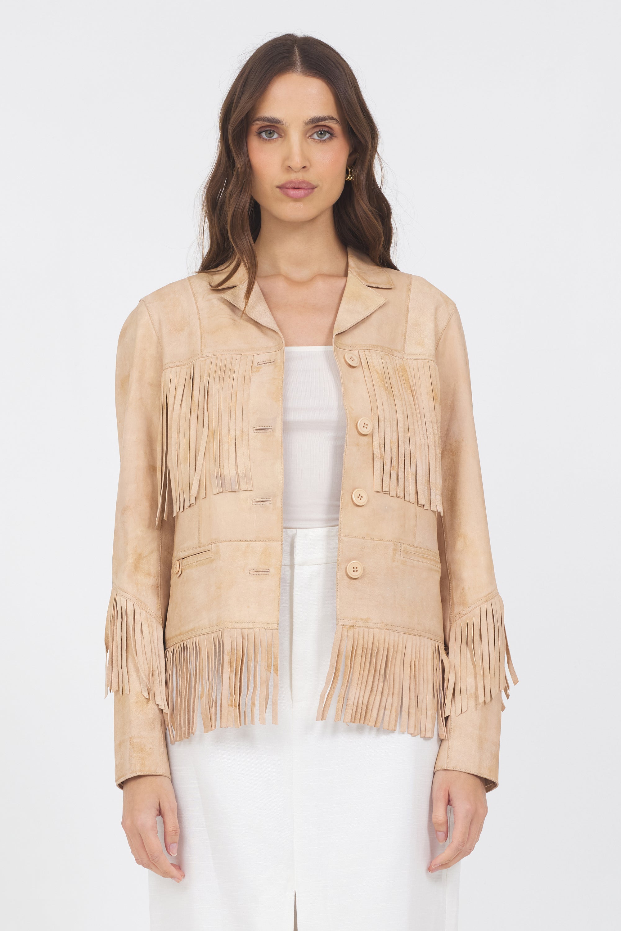 Women's Fringe Leather Jacket | Annie Distressed in Cappuccino