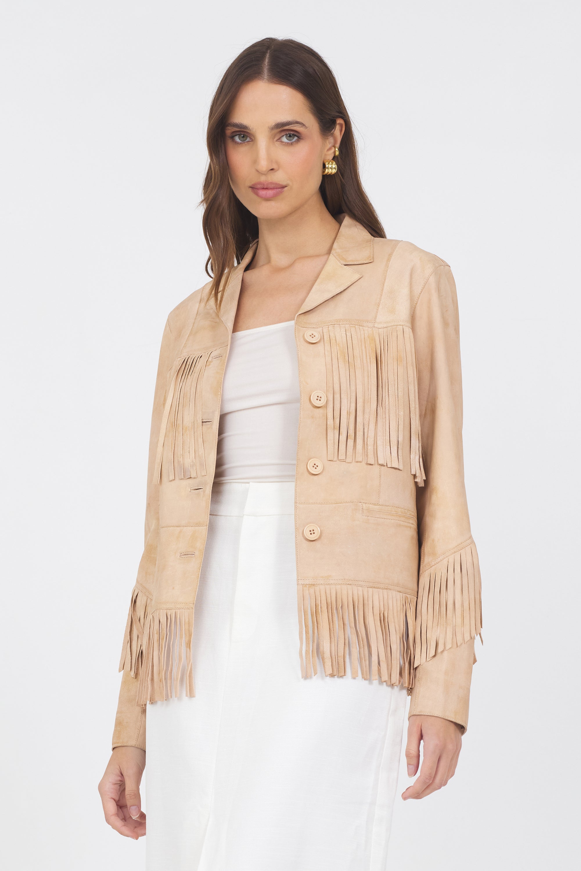 Women's Fringe Leather Jacket | Annie Distressed in Cappuccino