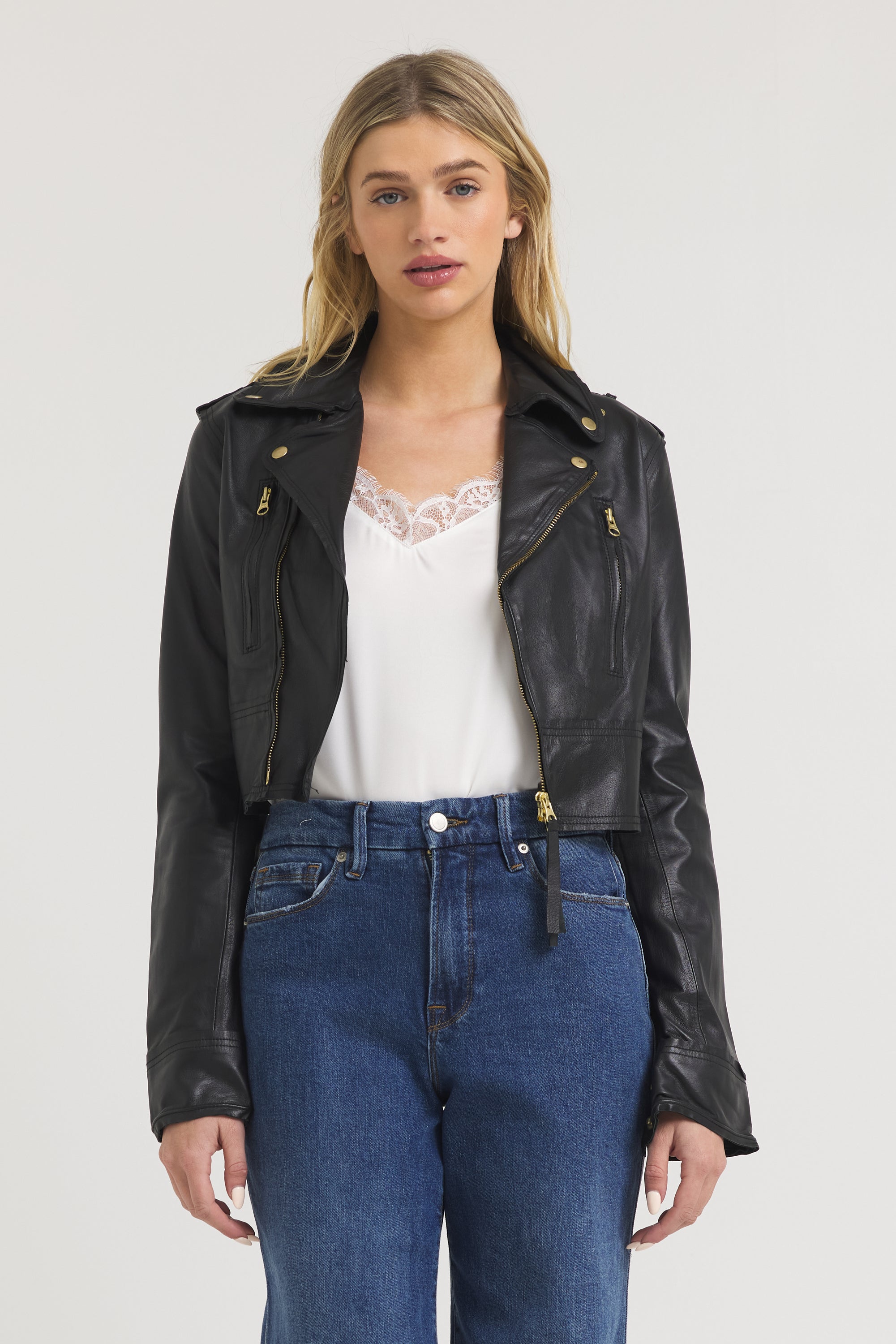 Women's Leather Moto Jacket | Erin Burnished Black with Gold