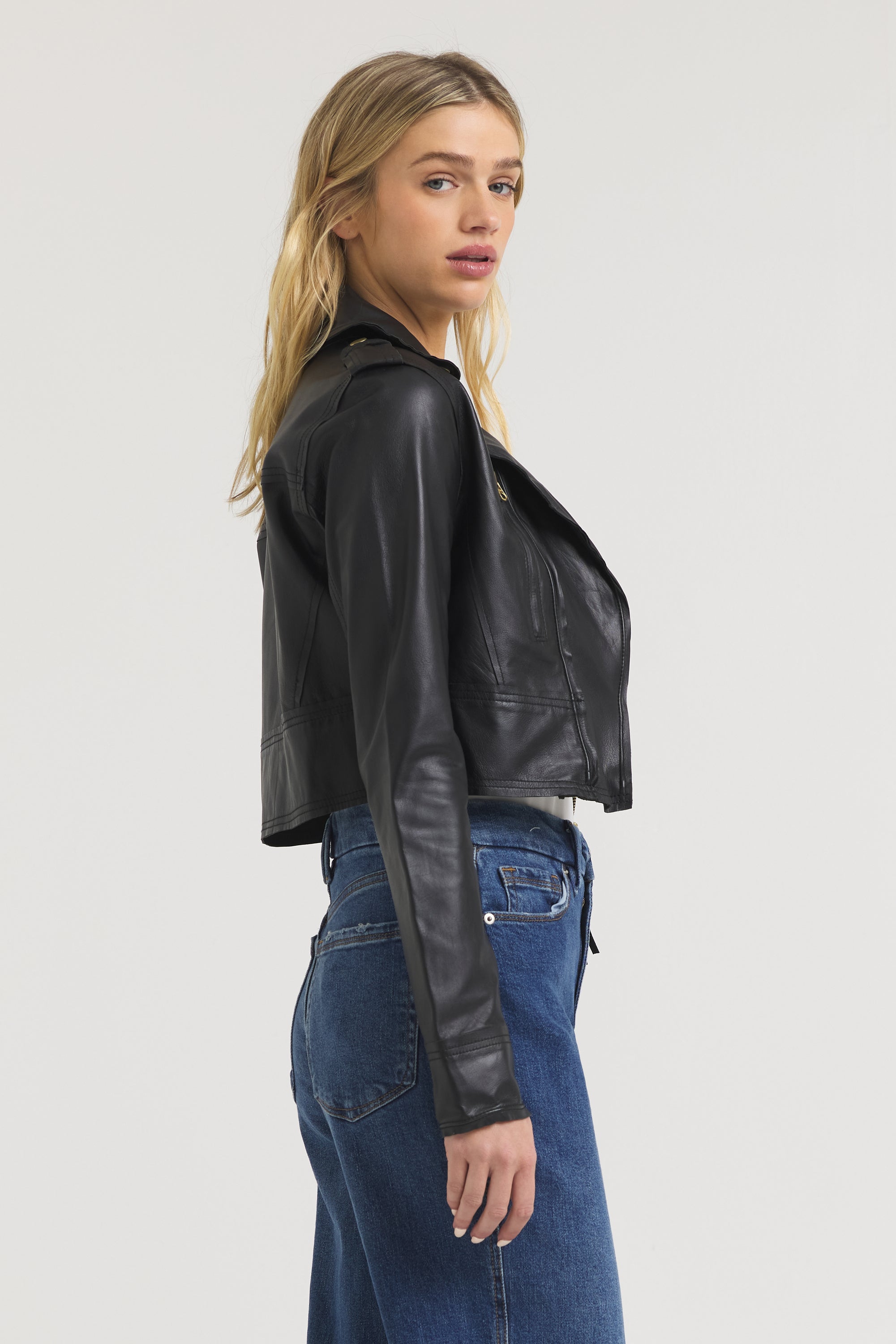 Women's Leather Moto Jacket | Erin Burnished Black with Gold