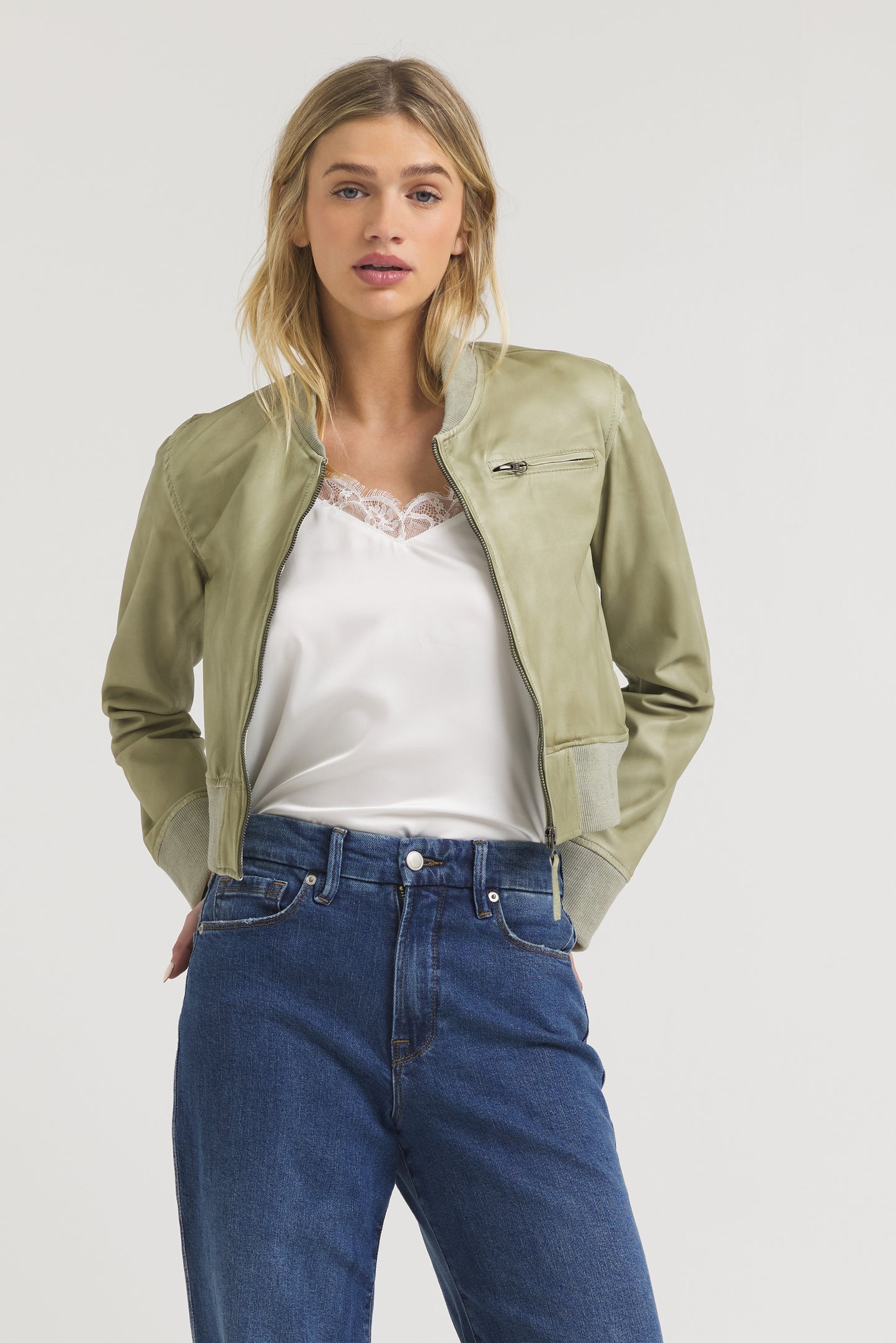 Collins Patina Leather Jacket Celadon
