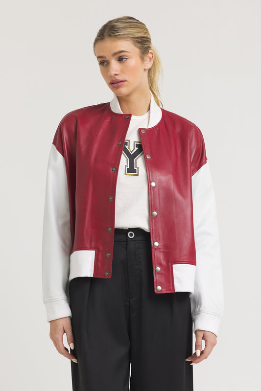Fallon Burnished Leather Jacket Red/White