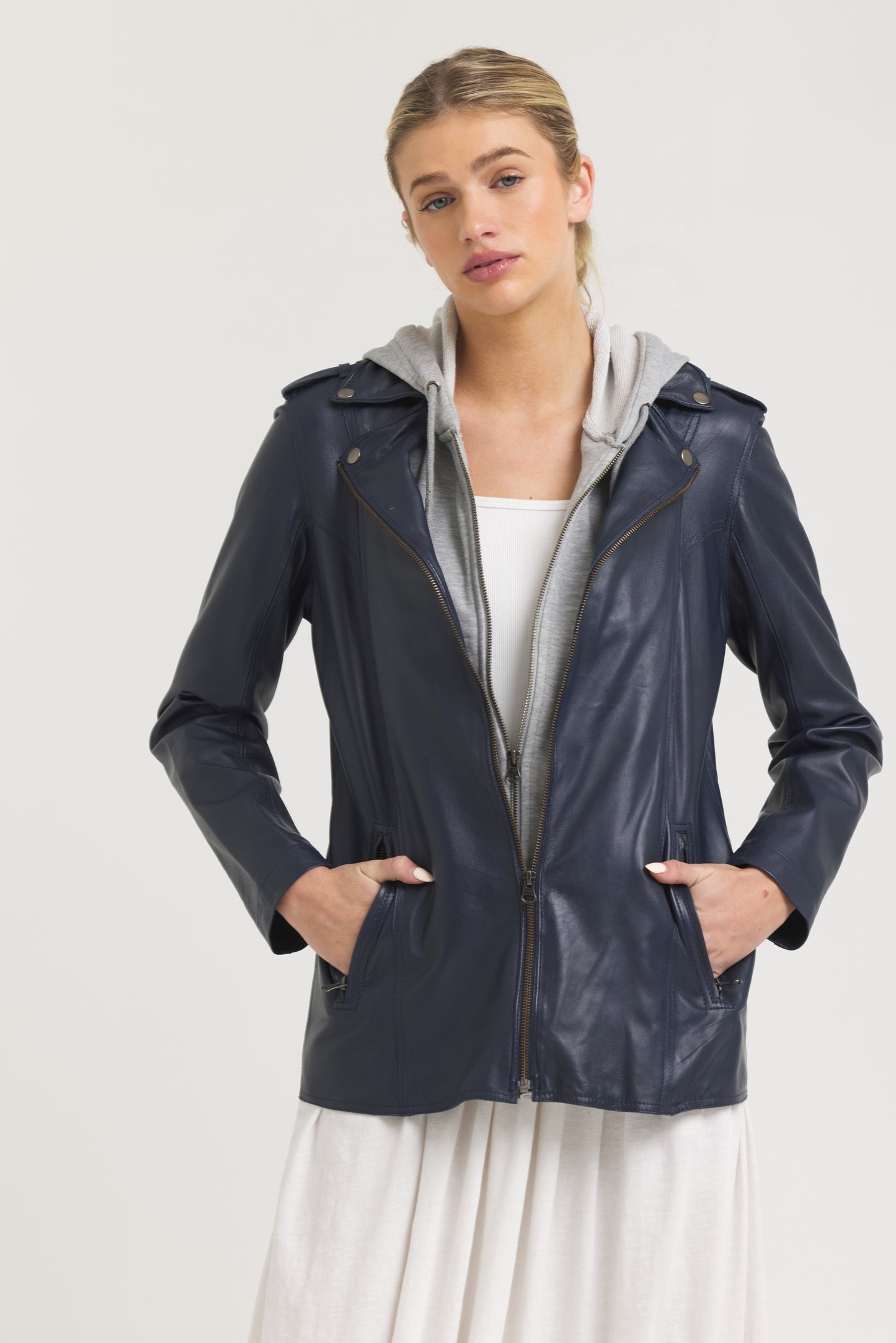 Maxi Burnished Leather Jacket Indigo