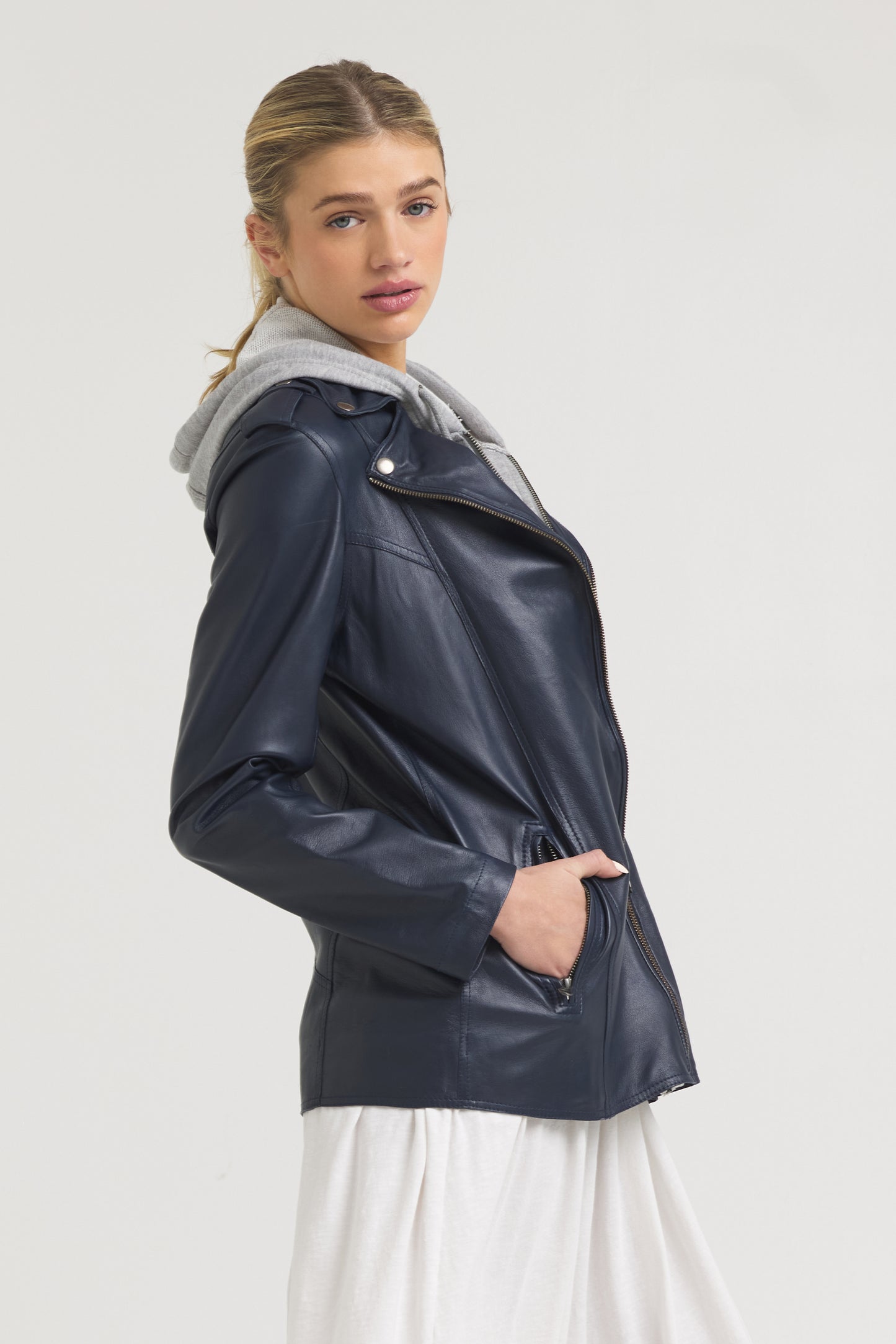 Maxi Burnished Leather Jacket Indigo