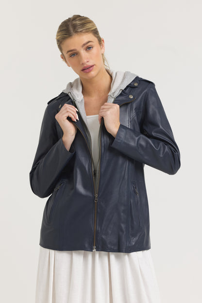Maxi Burnished Leather Jacket Indigo