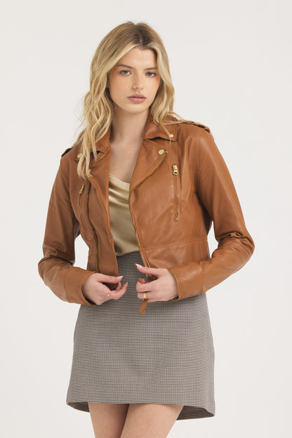 Erin Burnished Leather Jacket Caramel