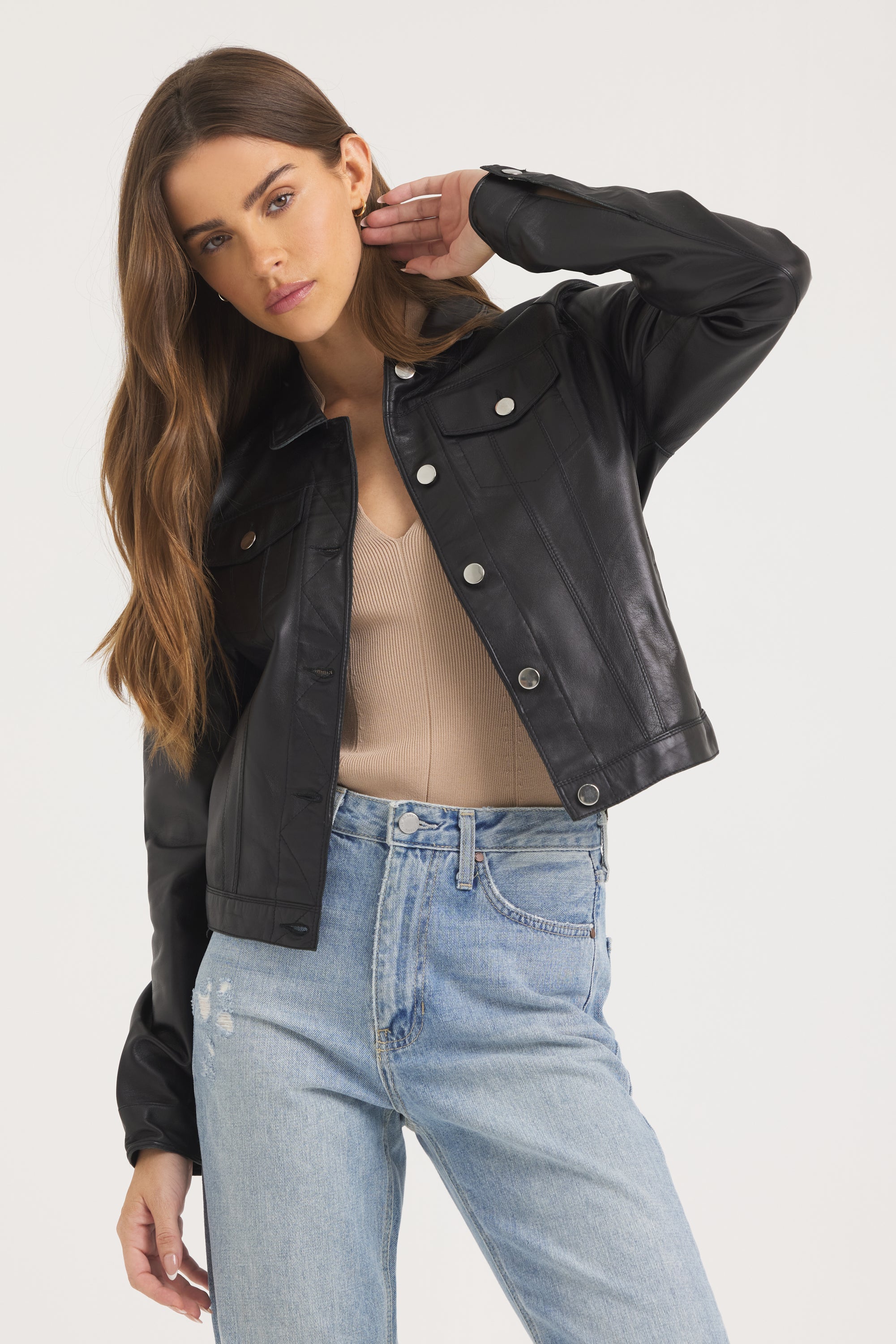 Alexa Burnished Leather Jacket Black/Silver - No Fringe – jakett