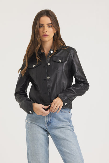 Alexa Burnished Leather Jacket Black/Silver - No Fringe