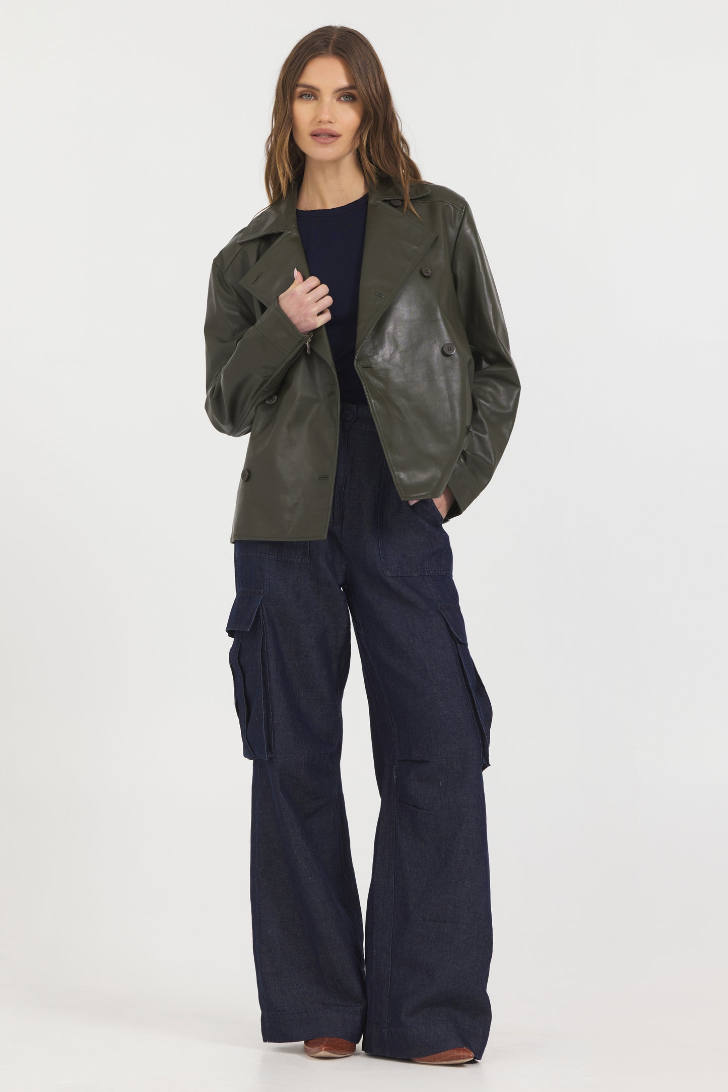 Ana Peacoat Vintage Leather Jacket Dark Olive