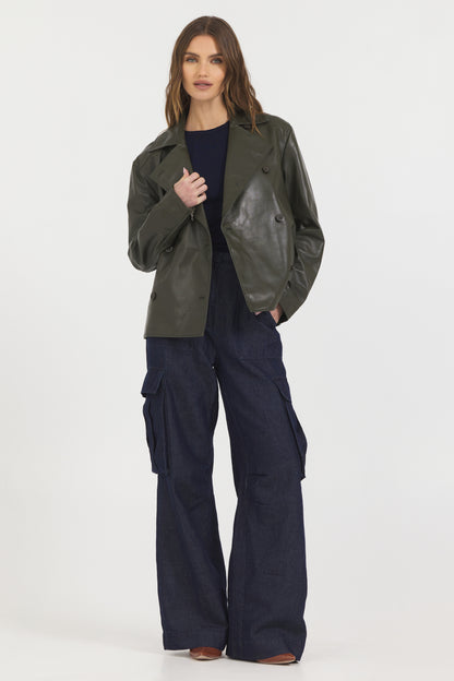 Ana Peacoat Vintage Leather Jacket Dark Olive