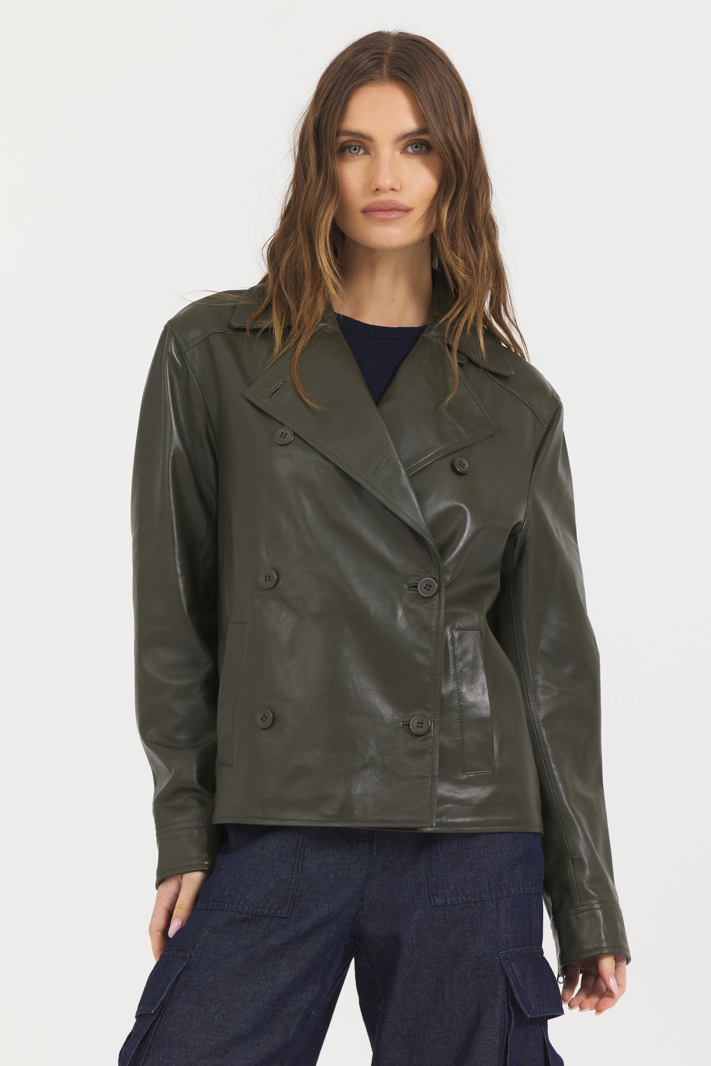 Ana Peacoat Vintage Leather Jacket Dark Olive