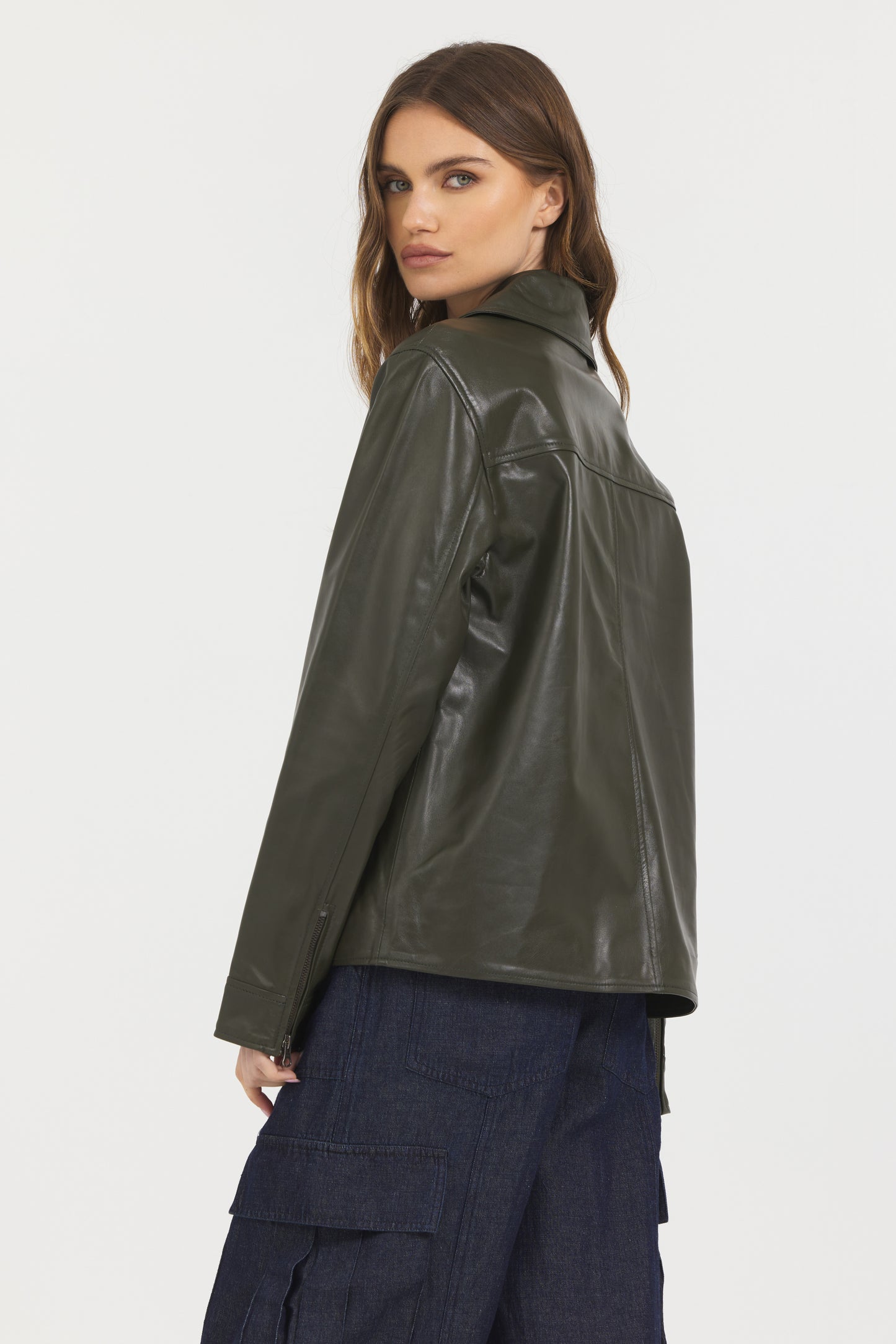 Ana Peacoat Vintage Leather Jacket Dark Olive