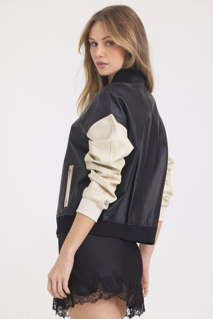 Fallon Burnished Leather Jacket Black/Crème Gold