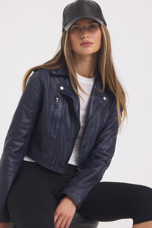 Erin Burnished Leather Jacket Indigo