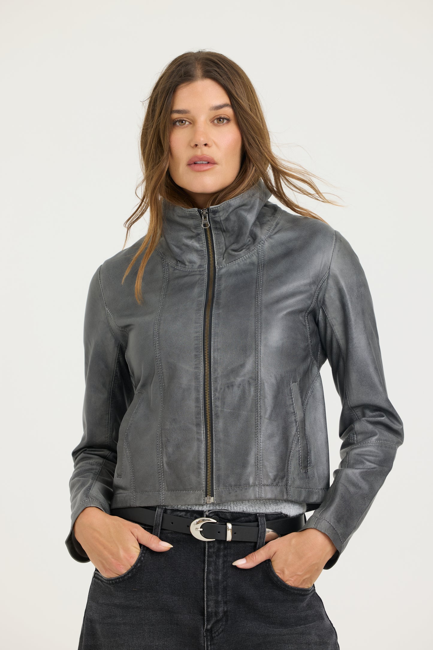 Katrina Patina Leather Bomber Graphite