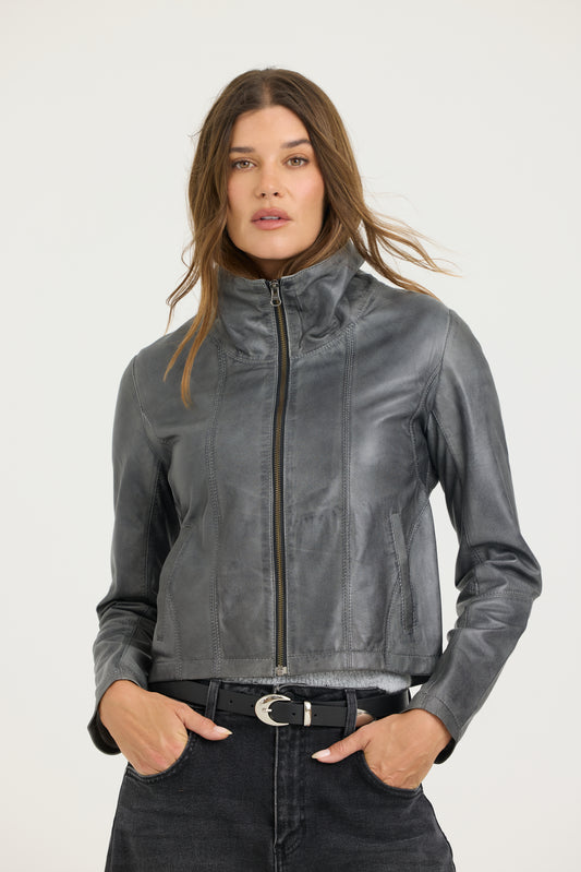 Katrina Patina Leather Bomber Graphite