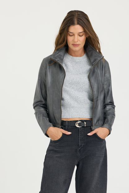 Katrina Patina Leather Bomber Graphite