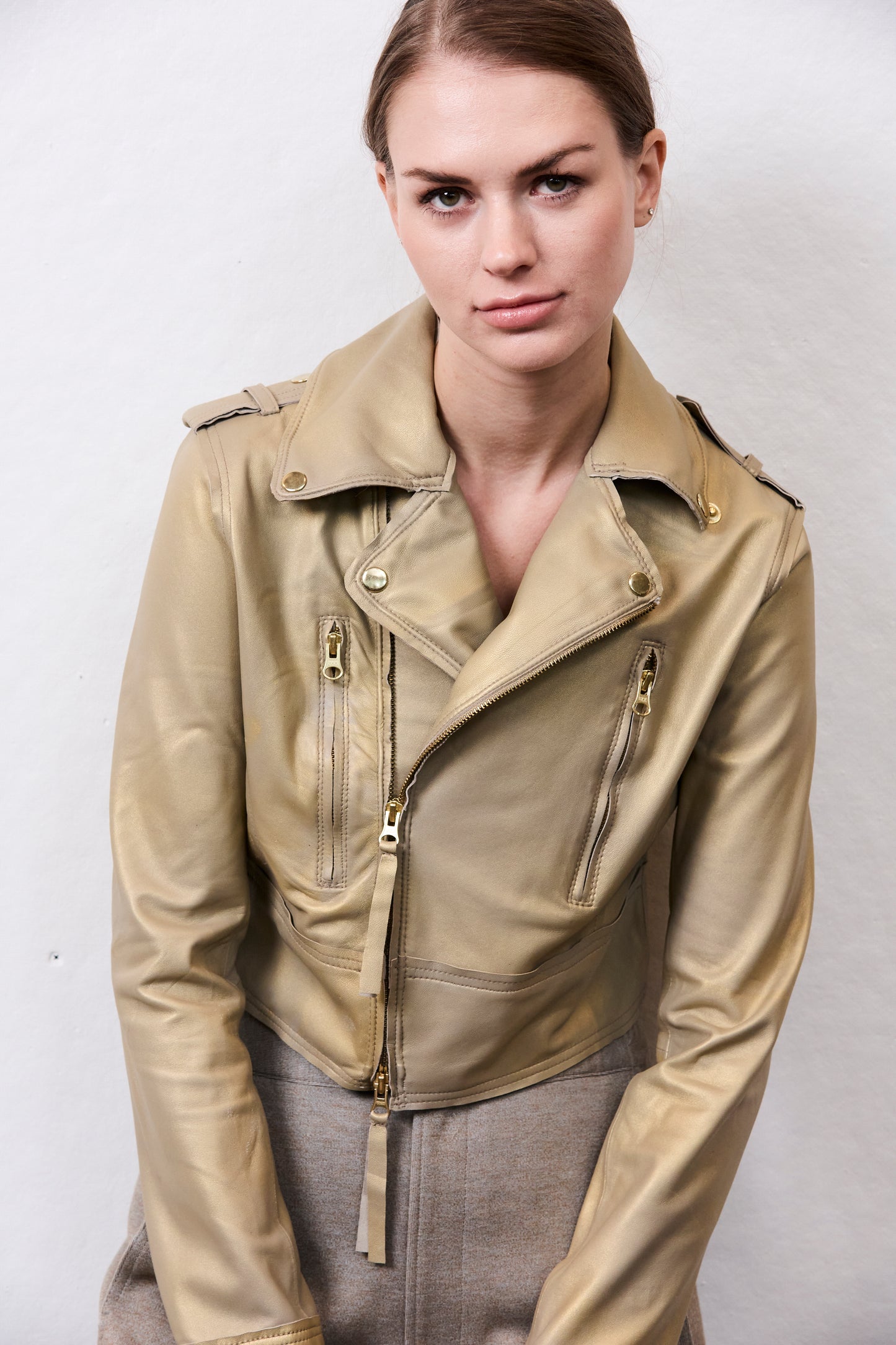 JKT Erin Metallic Leather Jacket Gold