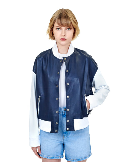 Fallon Burnished Leather Jacket Indigo/White