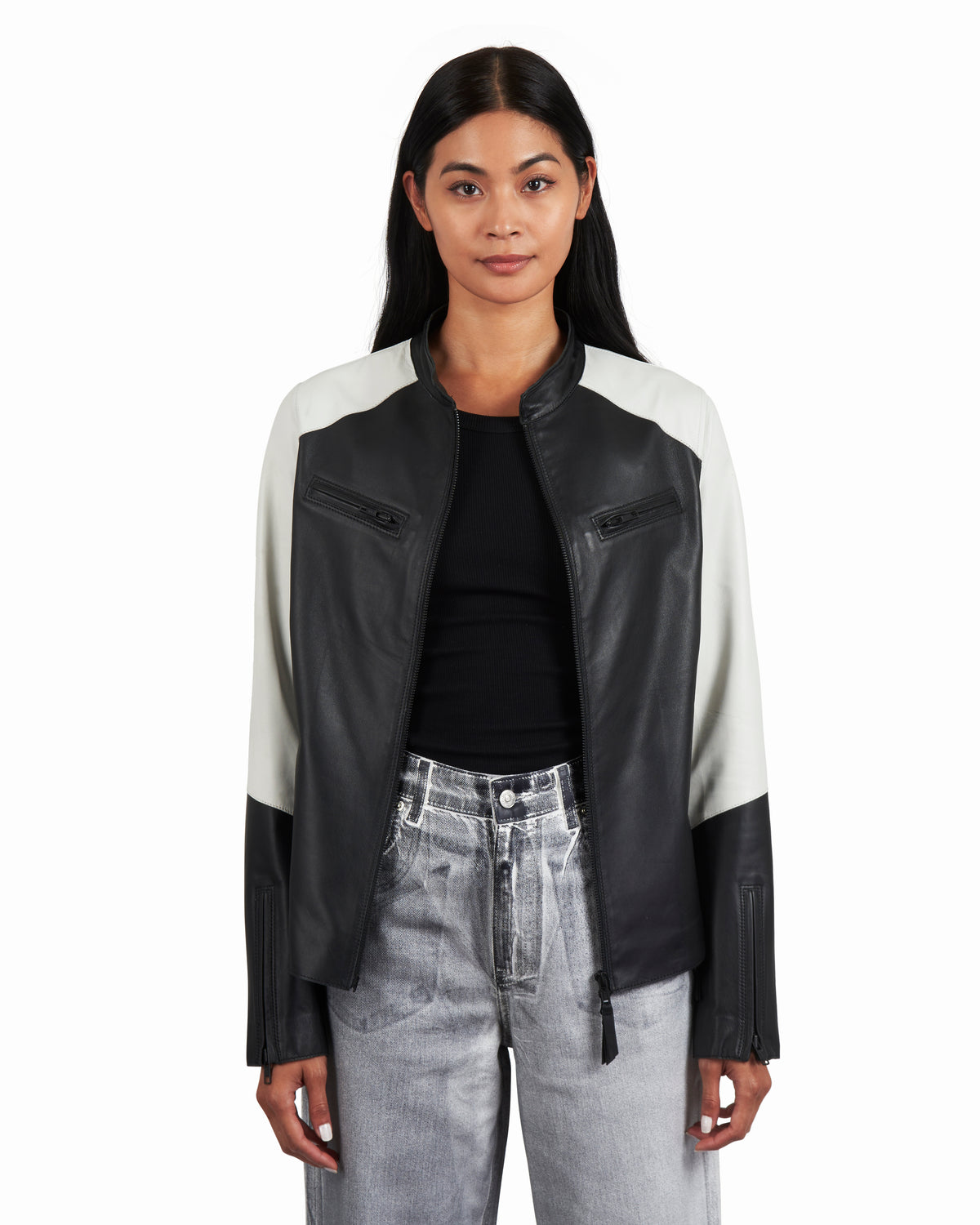 Thea Washed Leather Jacket Black/ White