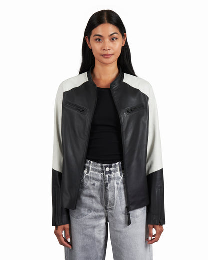 Thea Washed Leather Jacket Black/ White