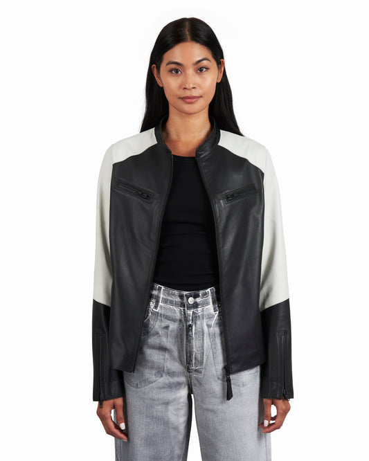 Thea Washed Leather Jacket Black/ White