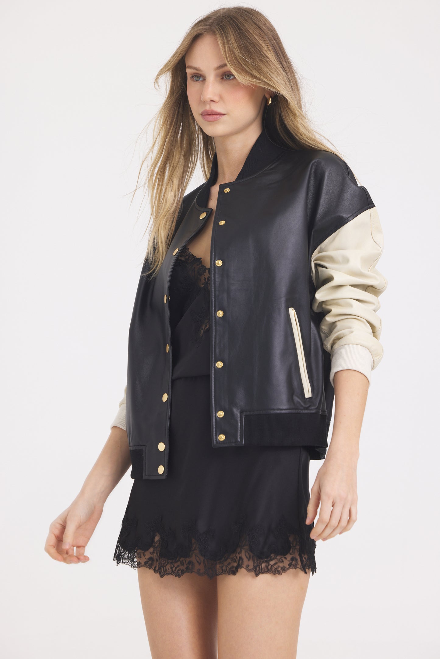 Fallon Burnished Leather Jacket Black/Crème Gold