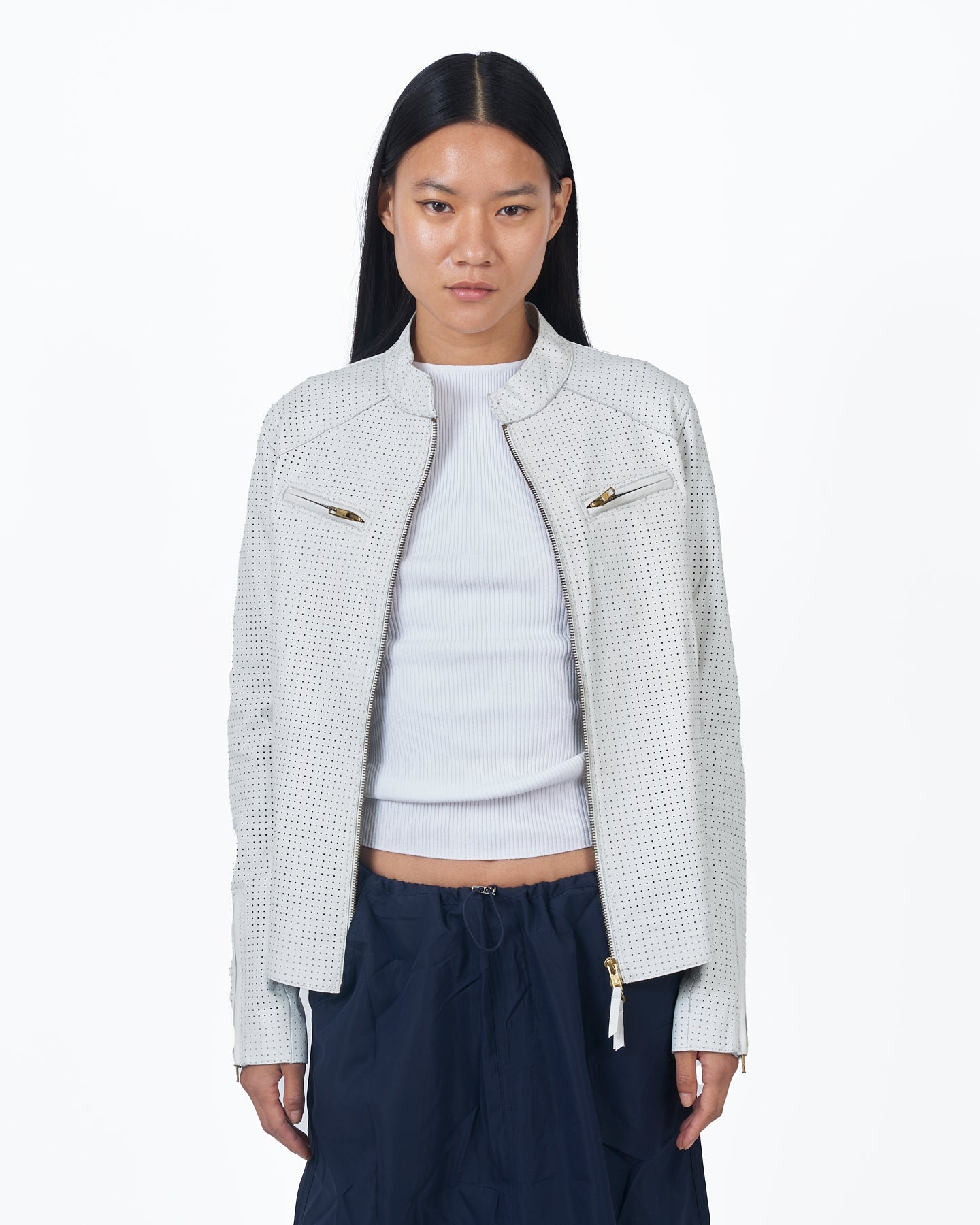 Quinn Perforated Leather Jacket White