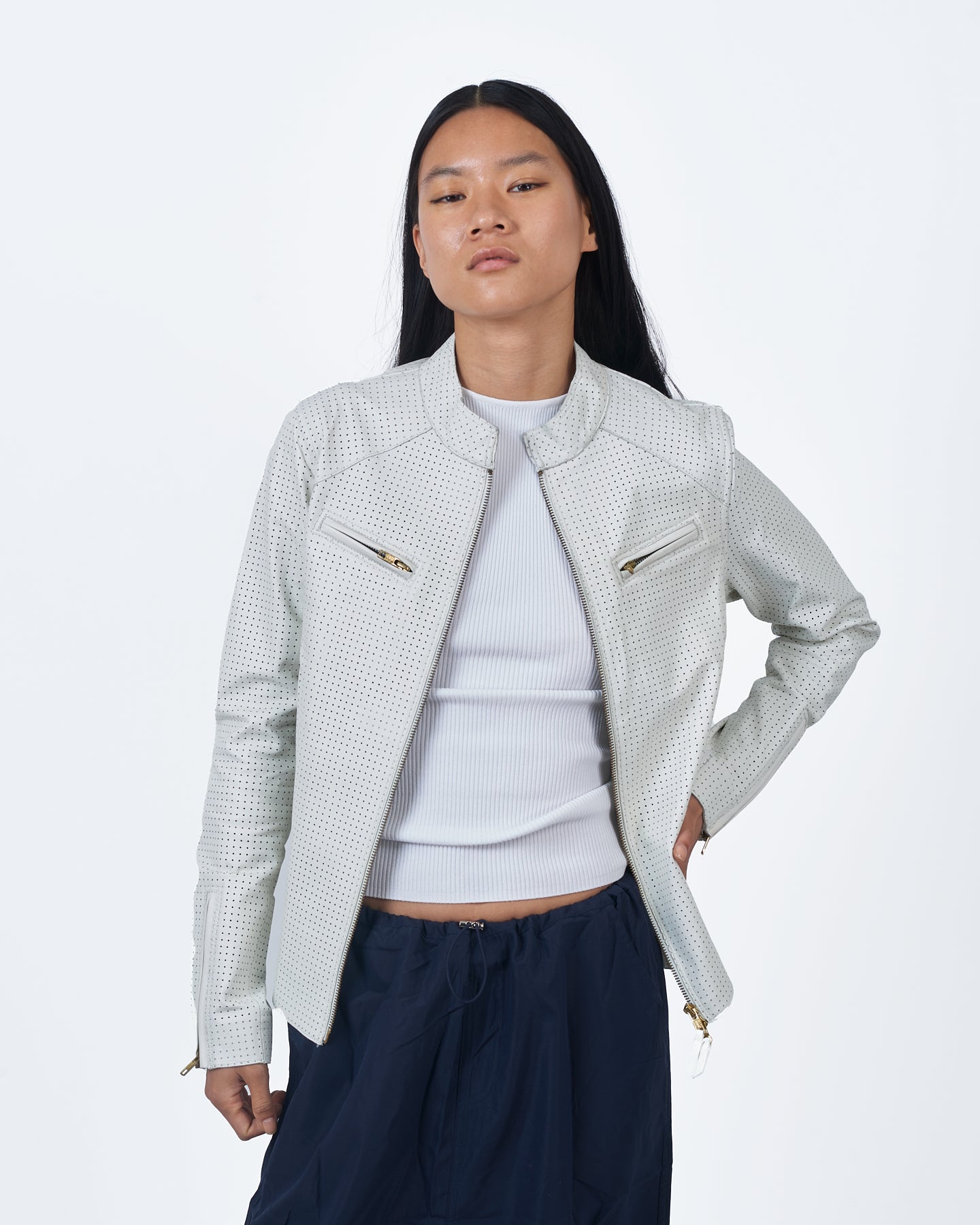 Jakett Quinn Perforated Leather Jacket White