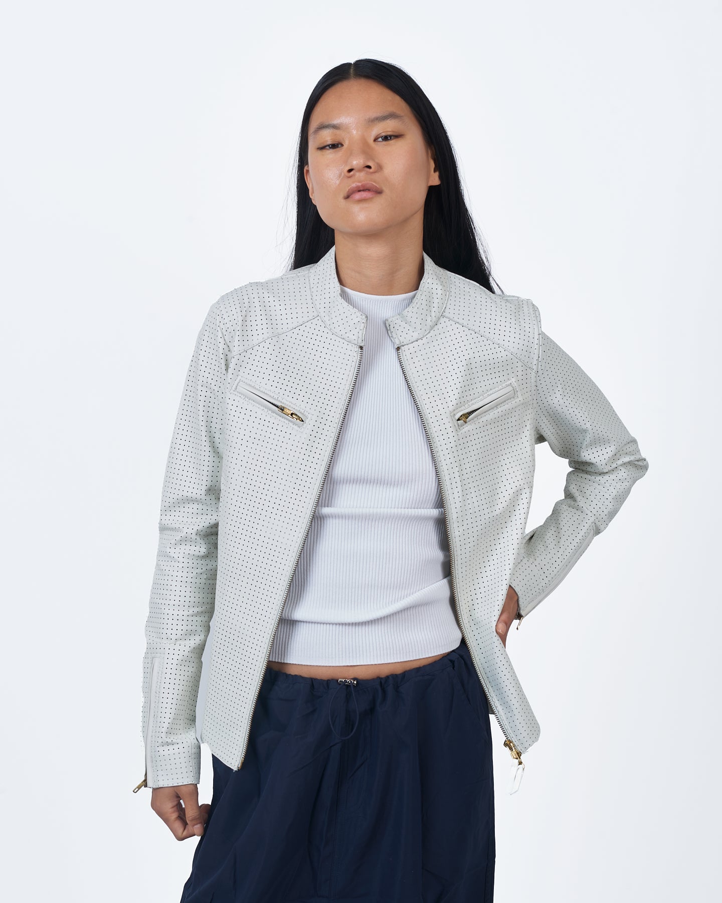 Quinn Perforated Leather Jacket White