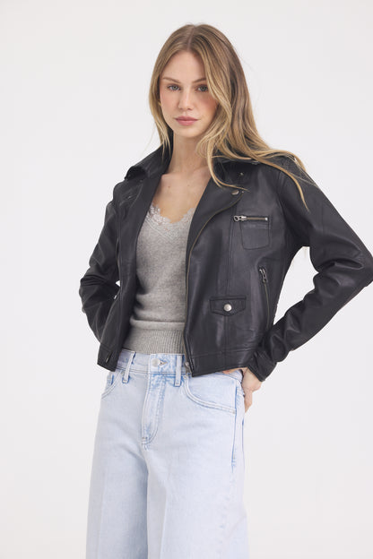 Piper Burnished Leather Jacket Black